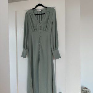 Veronica Beard Maxi Crepe Dress Sage Green Button Front Cuffed Long Sleeves